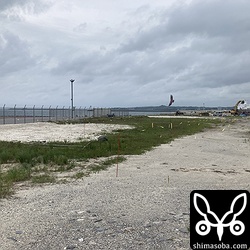 コアジサシとシロチドリが繁殖する現場。すでに繁殖中にもかかわらず、猛禽型の凧や蛍光色のテープが設置されました。